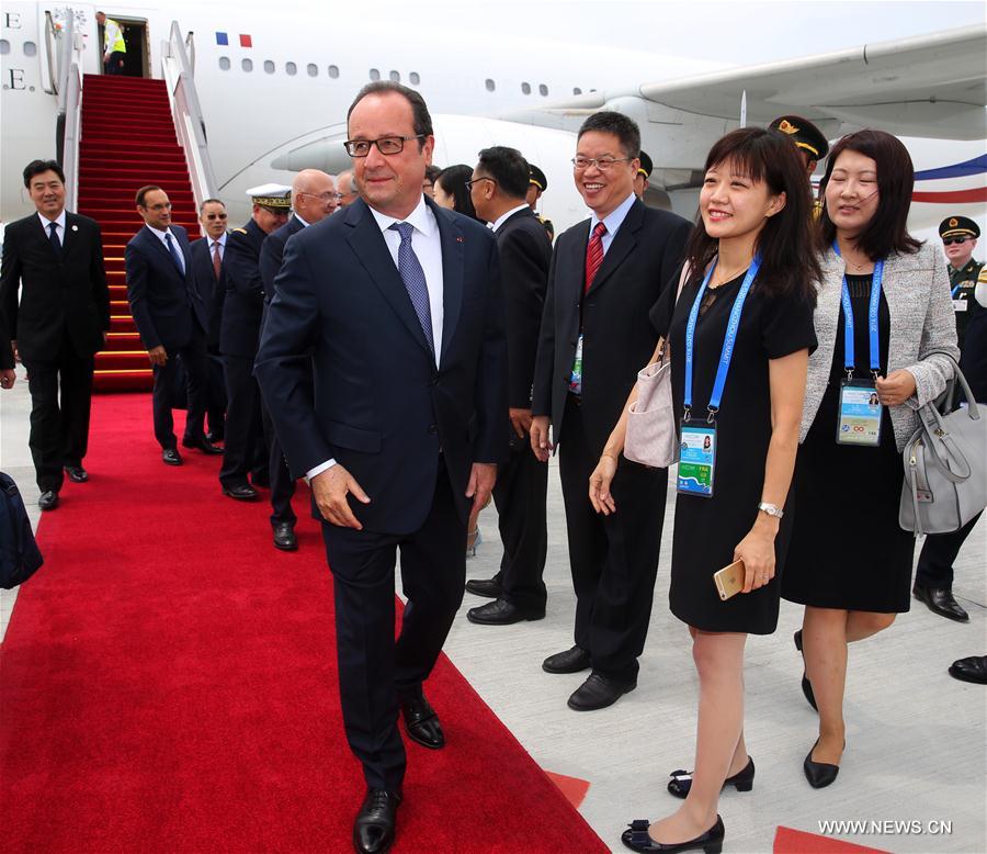 French President Francois Hollande arrives in China's eastern city of Hangzhou to attend the 11th Group of 20 (G20) summit, Sept. 4, 2016.