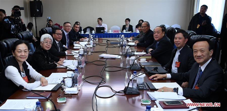 Photo taken on March 9, 2017 shows the scene of a plenary meeting of the 12th National People's Congress (NPC) deputies from Macao Special Administrative Region during the annual NPC session in Beijing, capital of China. The meeting was opened to media. (Xinhua/Wu Xiaoling)